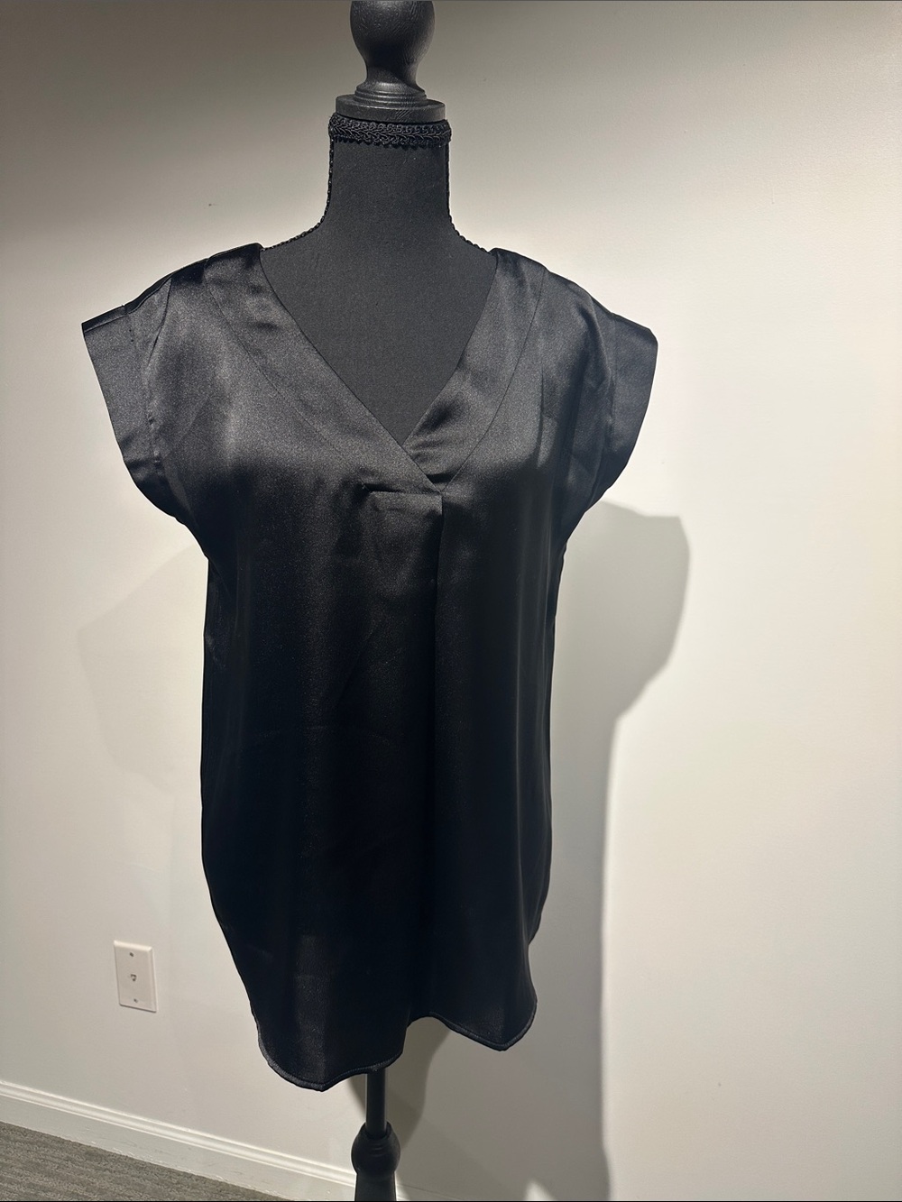 LOFT Black Satin V-Neck Cap Sleeve Blouse